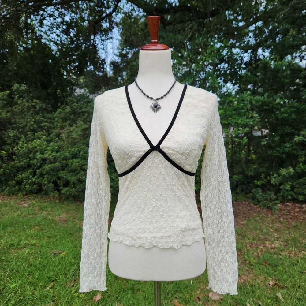 Y2K V-Neck Long Sleeve Lace Top Size M White Black Babydoll Fairy Coquette Bow